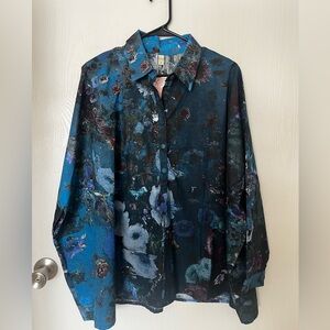 NWT Yavi Abstract Art Print Cotton Tunic Blouse Blue Violet Medium